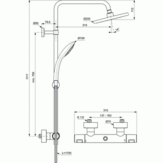 CERATHERM T25 душ система със стенен термостатен смесител
