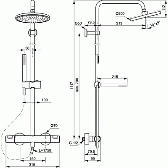 CERATHERM T25 душ система със стенен термостатен смесител
