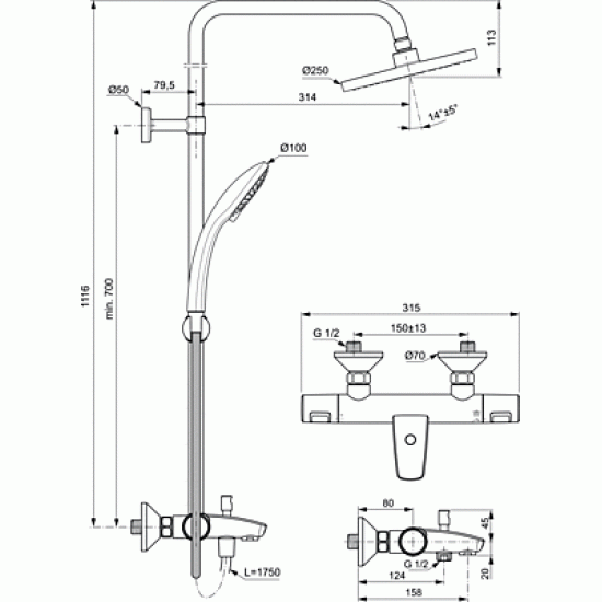 Ceratherm T25 Душ система с термостатен стенен смесител за вана/душ